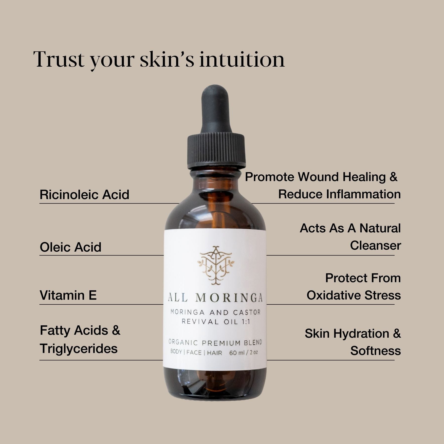 Premium Moringa & Castor Revival Oil with Vitamin E Cold Pressed Organic for Face, Body and Hair 2 oz-1